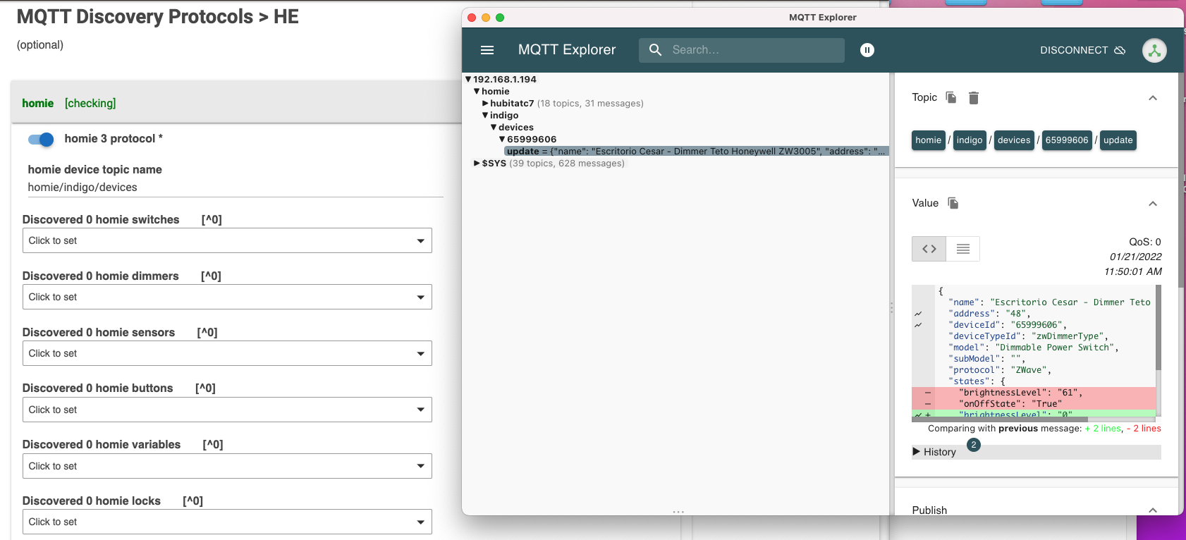 Indigo originated device as published by the standard MQTT Connector Publishing Template, viewed in MQTT Explorer