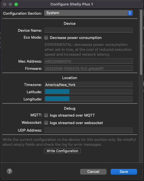 System configuration UI for all main devices