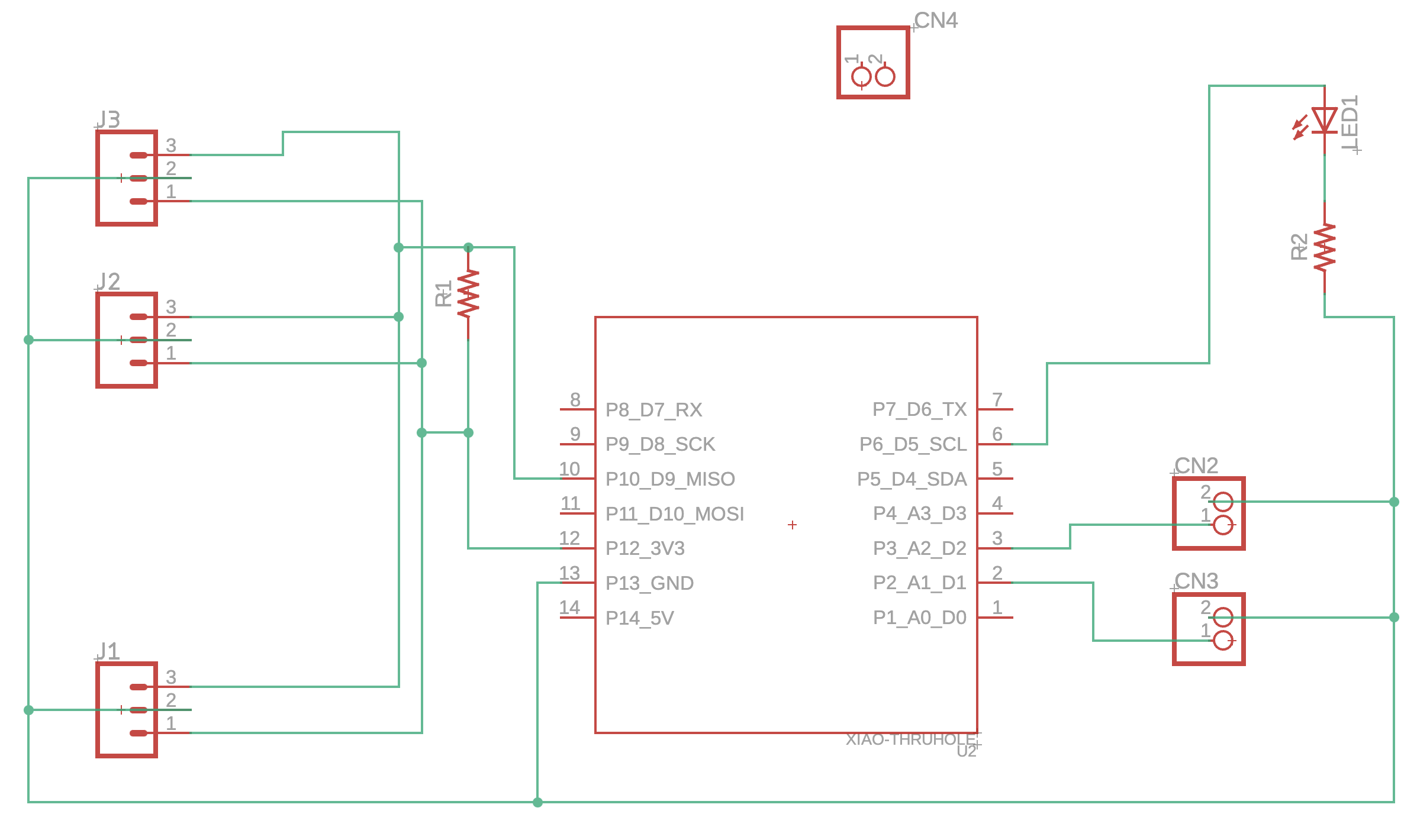 Pretty simple PCD with connectors for three bus sensors, two binary sensors, a LED for testing and an optional battery connector.