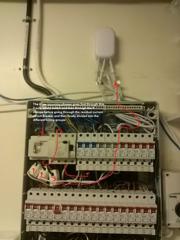 Aeon Labs Home Energy Meter 2nd generation - installation in the mains central inside the house - wiring of the incoming 3 main phases.jpg