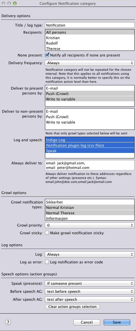 Notification category configuration