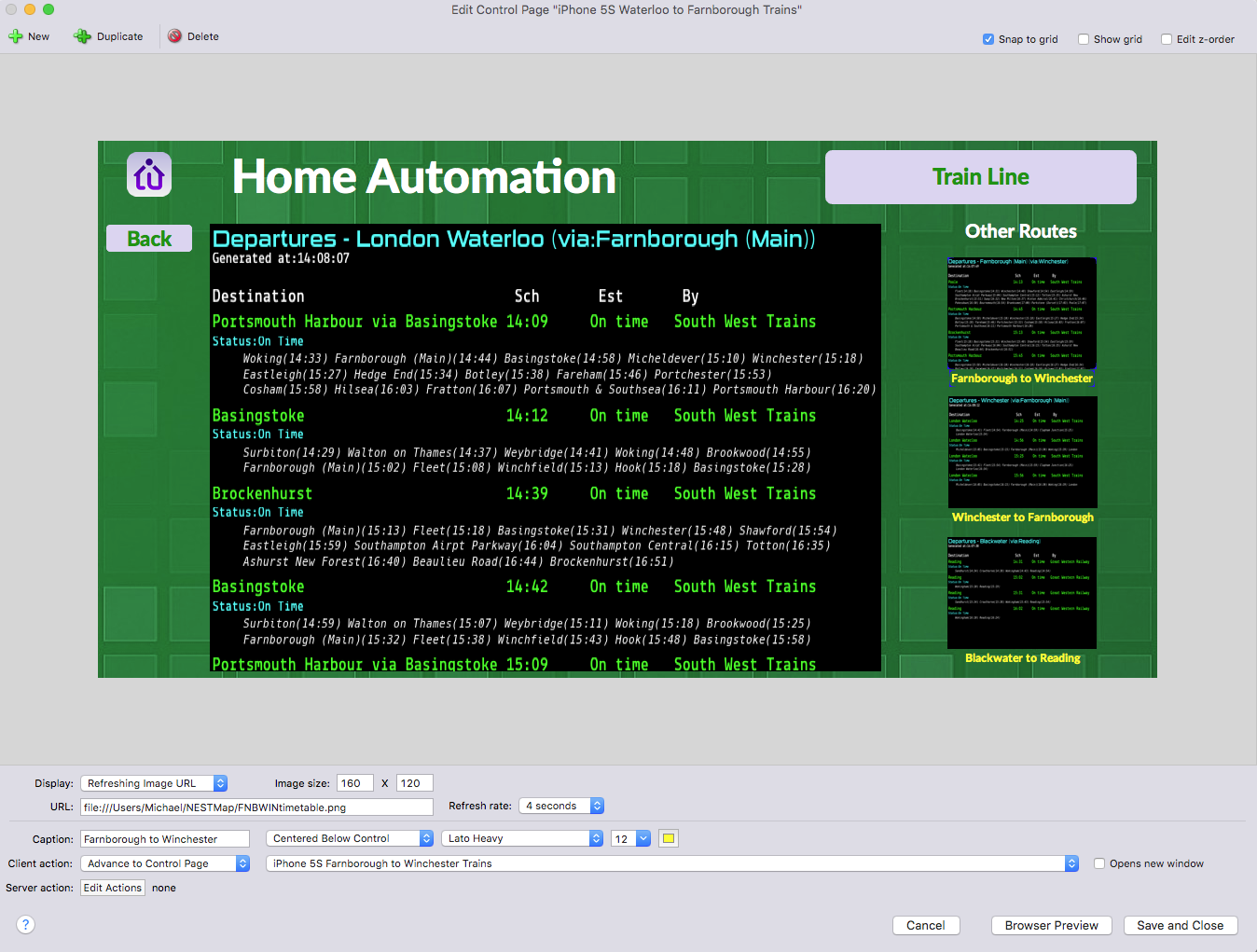 Editing the control page - setting options